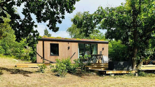 Eine kleine Holzhütte mit Glastür und Fenstern, umgeben von Bäumen und einer grünen Wiese.