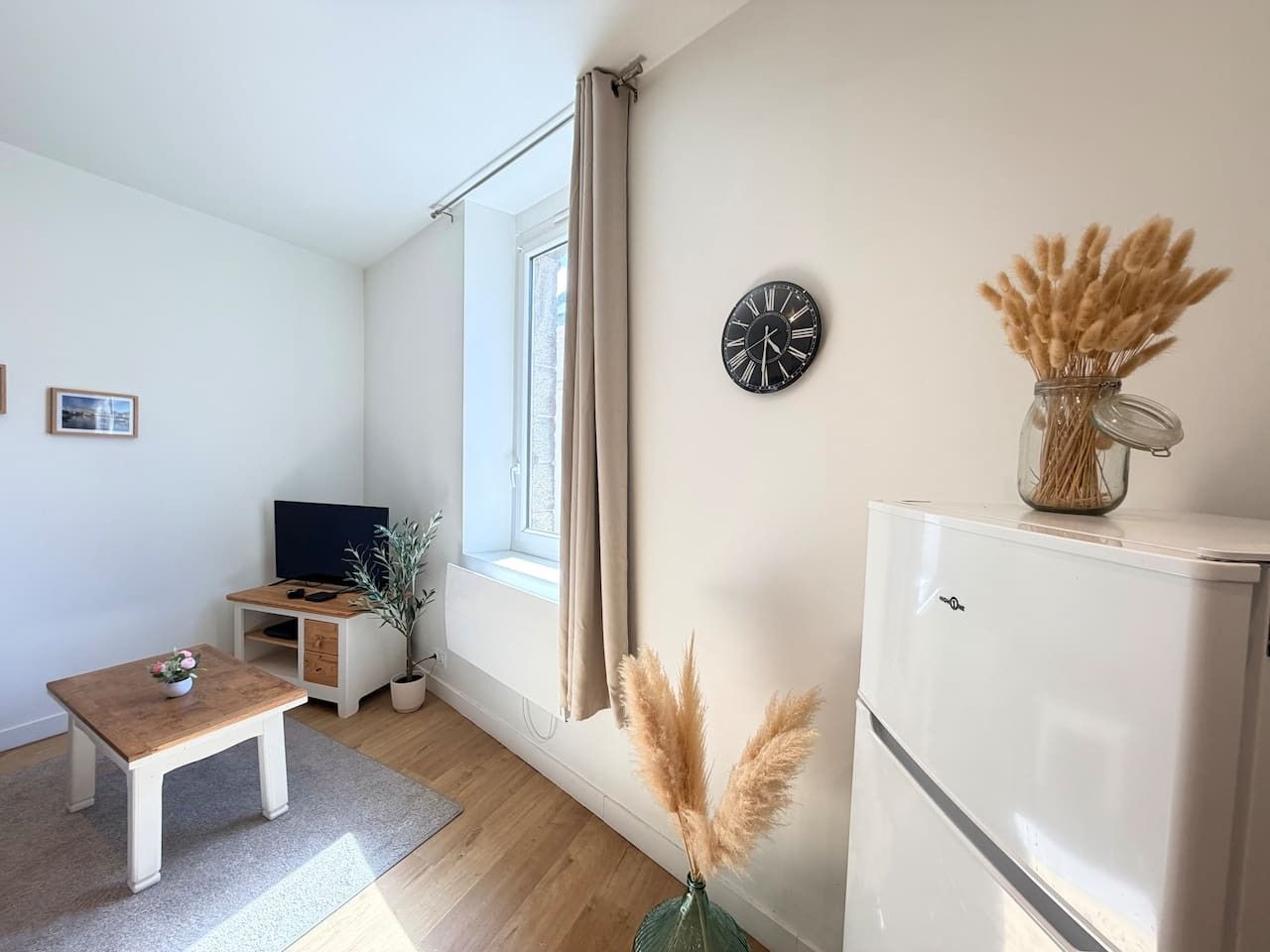 A modern living room with a flat-screen TV, a wooden coffee table, a potted plant, a white refrigerator, and a wall clock.