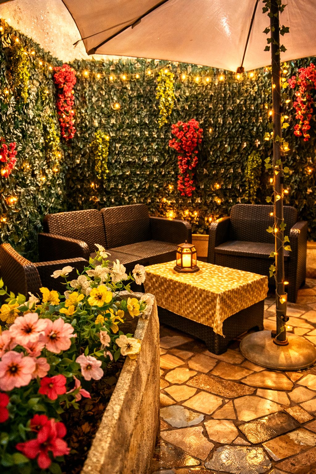 An outdoor seating area with wicker furniture, a stone-tiled floor, and a wall decorated with greenery and flowers.
