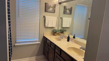 Hair dryer, towels, soap, toilet paper