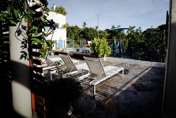 A rooftop terrace with lounge chairs and potted plants.