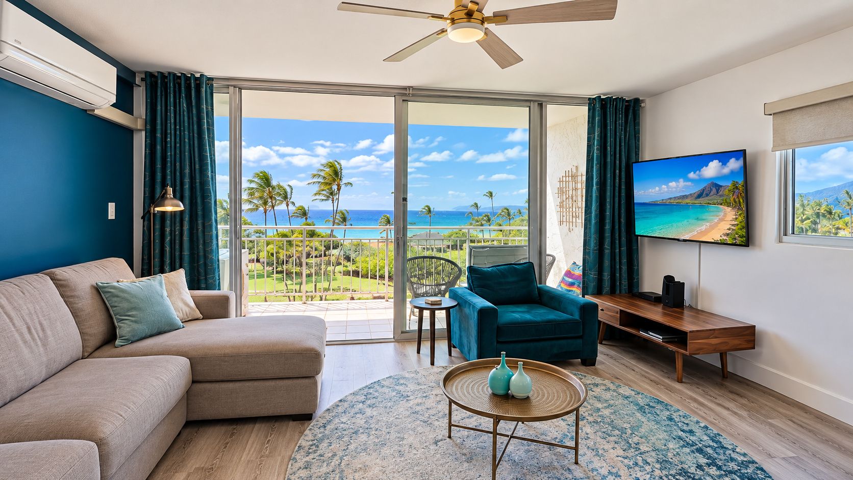A modern living room with a sofa, armchair, and coffee table, a TV on the wall, and a balcony with a view of the ocean.