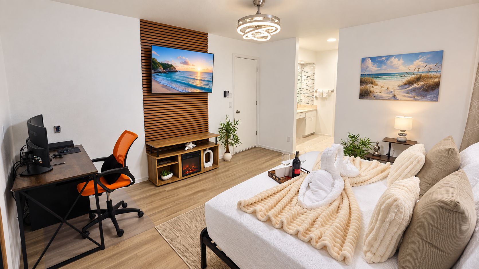 A modern hotel room with a bed, a desk with a computer, a TV, and a fireplace.