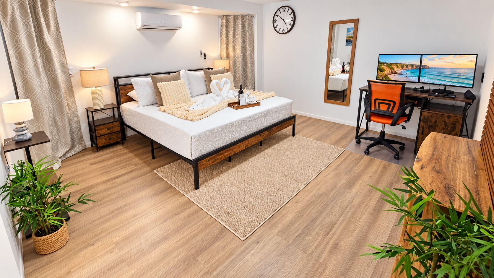 A modern bedroom with a bed, bedside tables, a desk, and a computer setup.