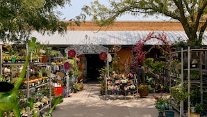 Un centro de jardinería con una variedad de plantas y flores, un arco de metal en la entrada y un edificio de ladrillo al fondo.