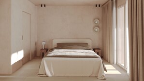 Une chambre à coucher comprenant un lit, deux tables de chevet, une fenêtre avec des rideaux et un luminaire fixé au mur.