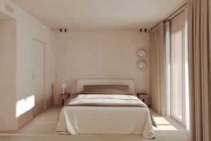 Un dormitorio con cama, dos mesitas de noche, una ventana con cortinas e iluminación en la pared.