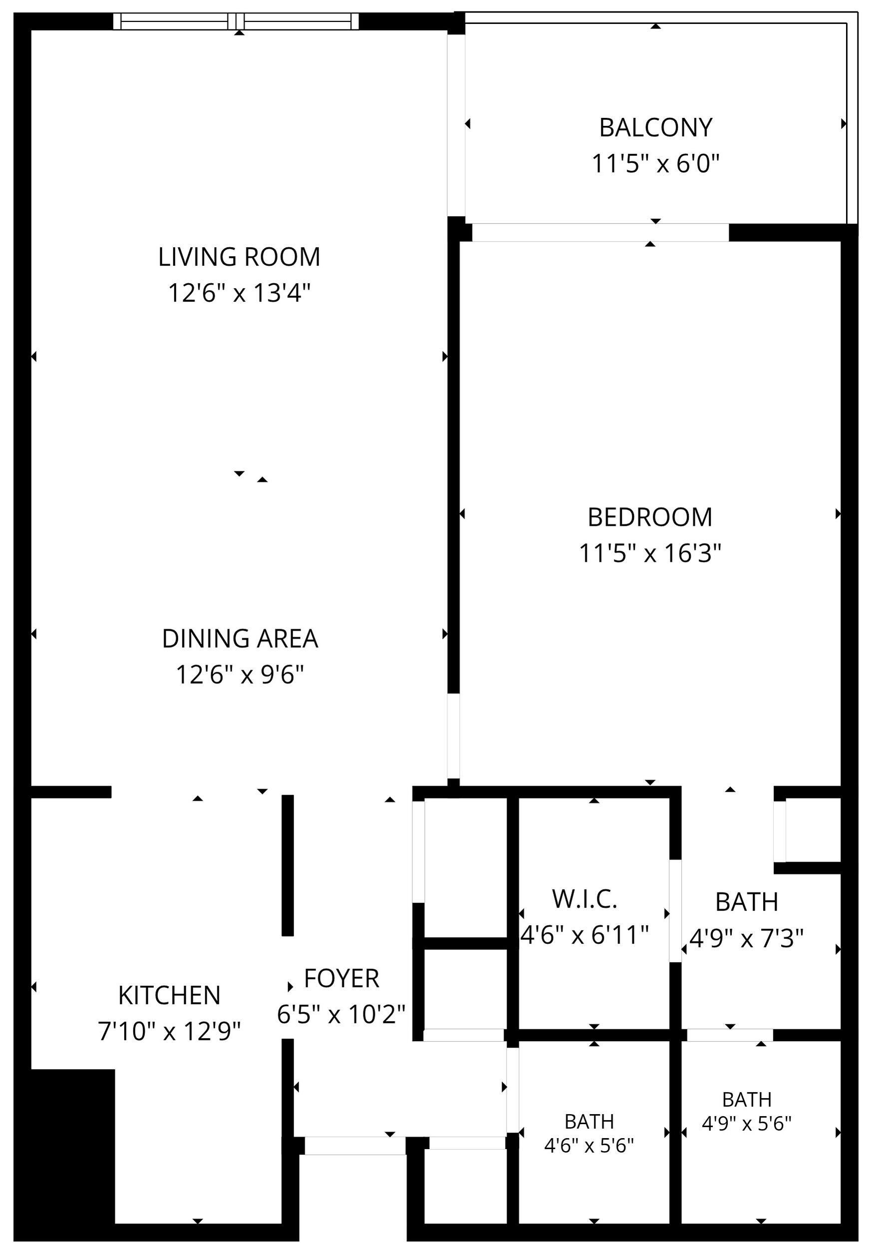 Ein Grundriss mit Wohnzimmer, Balkon, Schlafzimmer, Essbereich, Küche, Eingangsbereich und zwei Bädern.
