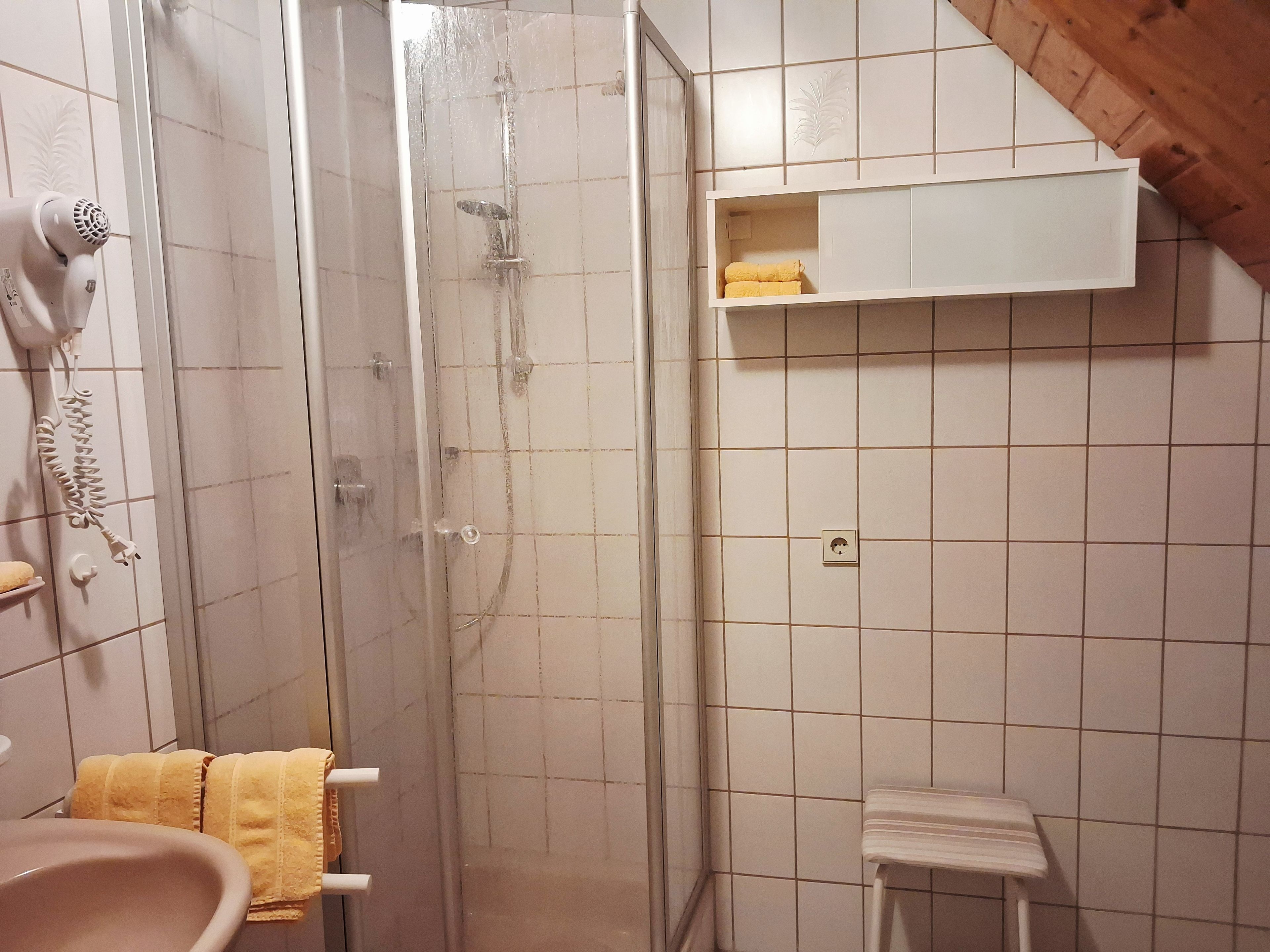 Ein Badezimmer mit Dusche, Waschbecken und Handtuchhalter.