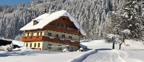 Ett snötäckt hus med en träfasad och ett sluttande tak, omgivet av ett snöigt landskap och träd.