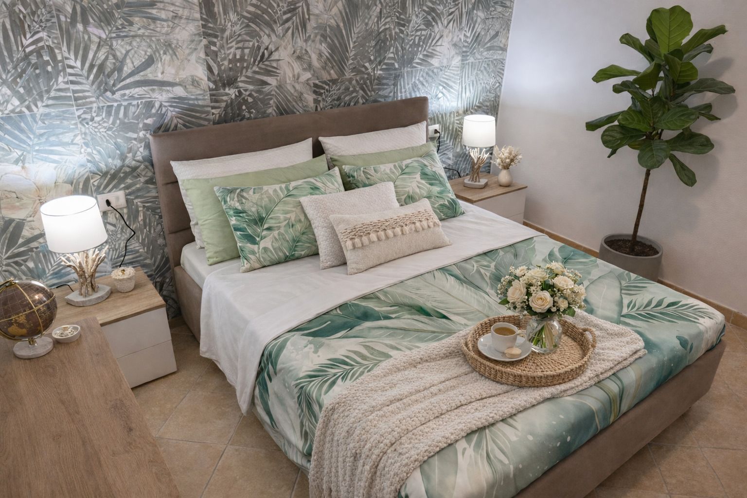 A neatly made bed with a tropical leaf pattern bedspread, a bedside lamp, and a small potted plant on the nightstand.