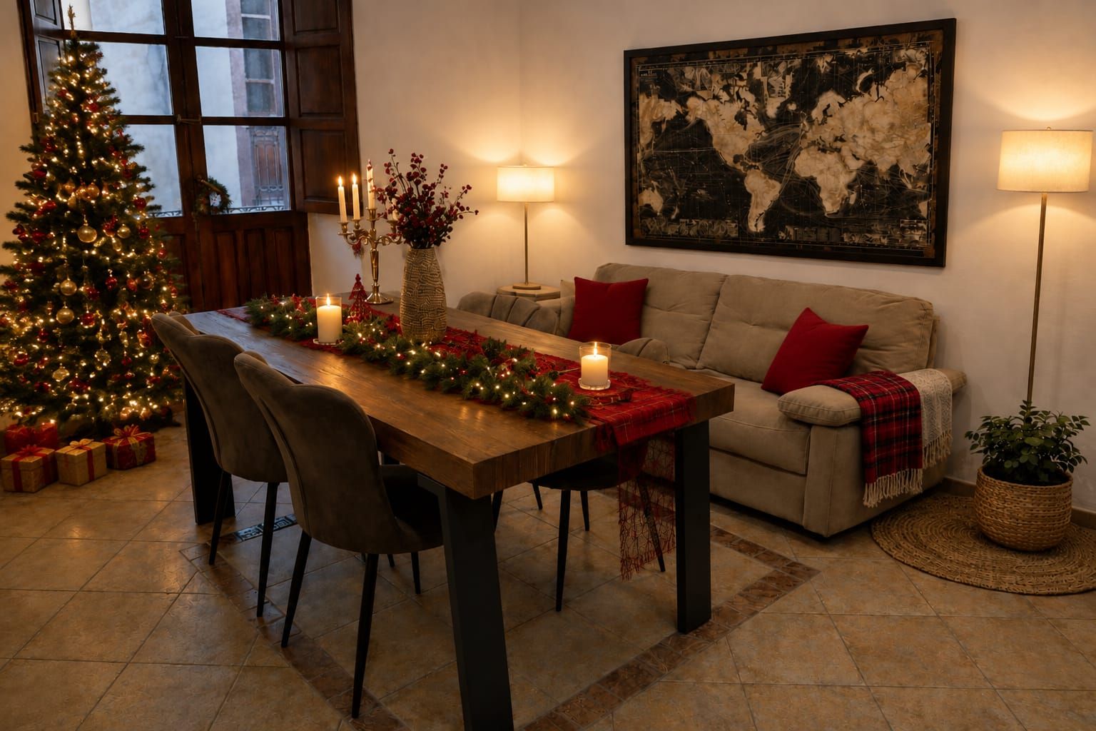 A cozy living room with a wooden dining table, a Christmas tree, and a sofa with red cushions.