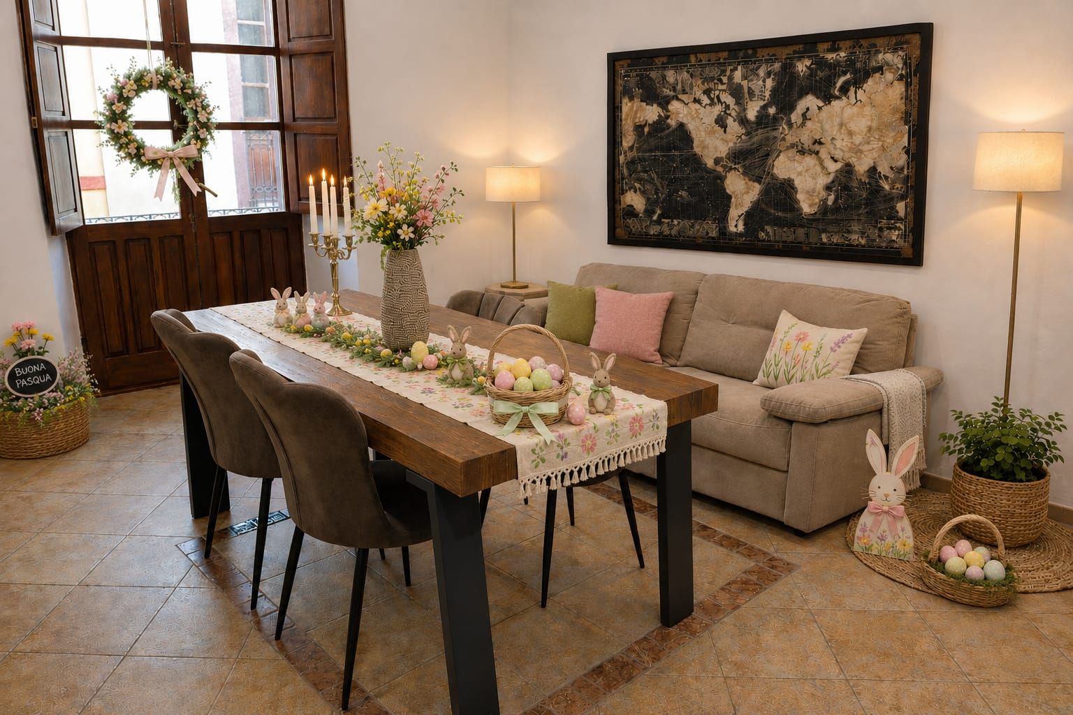 A dining area with a wooden table set for four, surrounded by chairs.