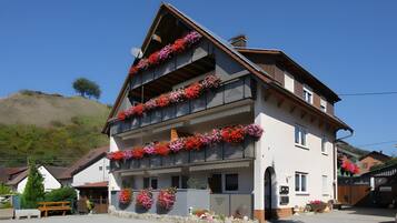 Un edificio de varios pisos con balcones decorados con flores, un cielo despejado y un paisaje montañoso al fondo.