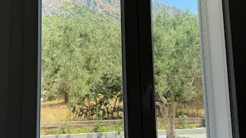 Una ventana con vista a un paisaje montañoso y árboles.