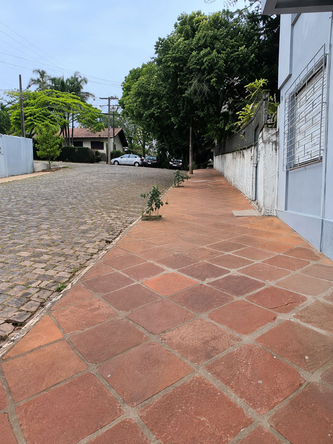 Un chemin pavé mène à un bâtiment à la façade blanche et au toit gris.
