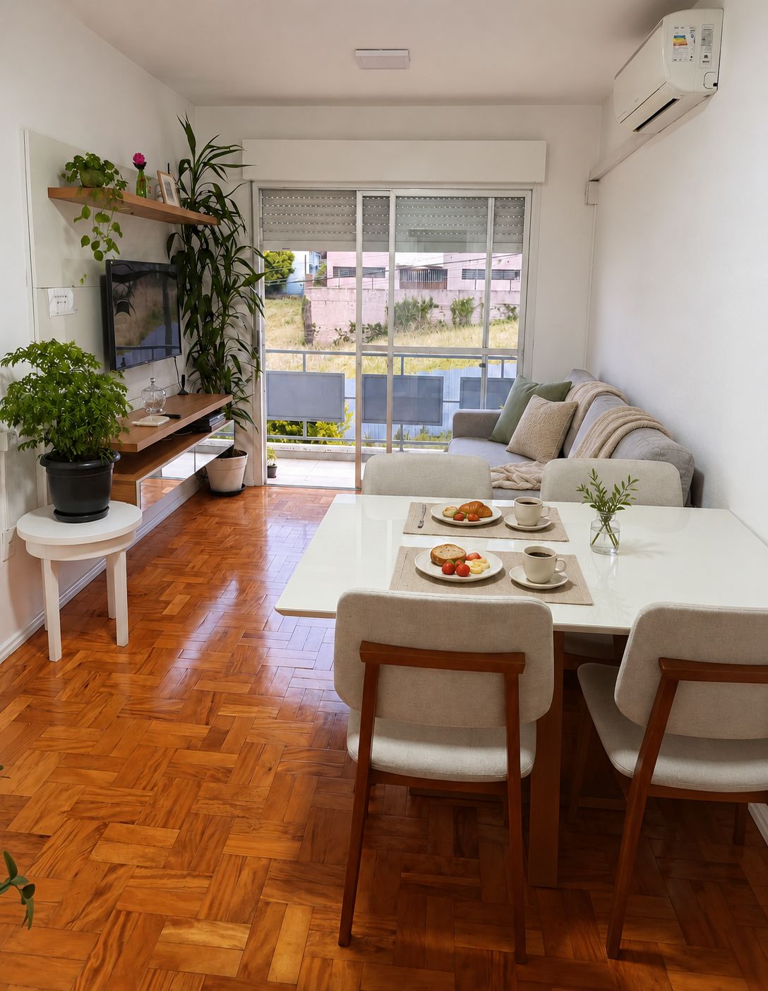 Sala de estar e jantar. Mesa ilustrativa; refeições não incluídas.
