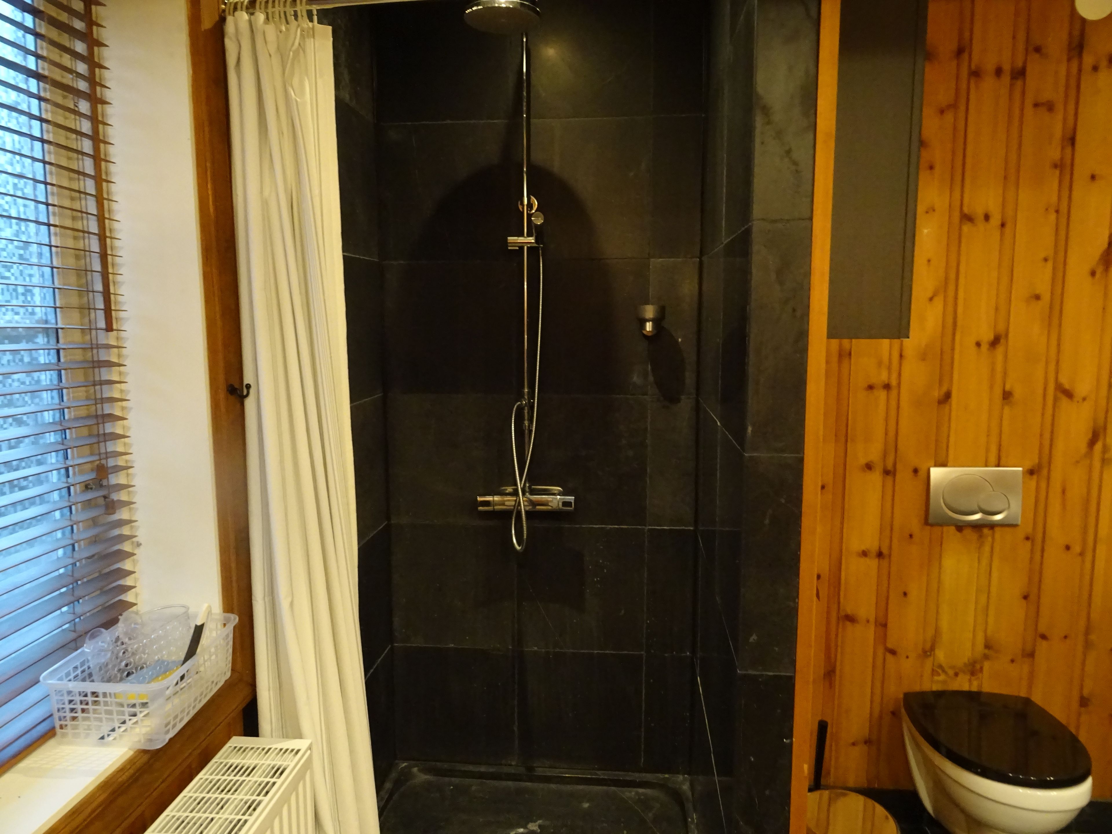 A bathroom with a shower, toilet, and a window with blinds.