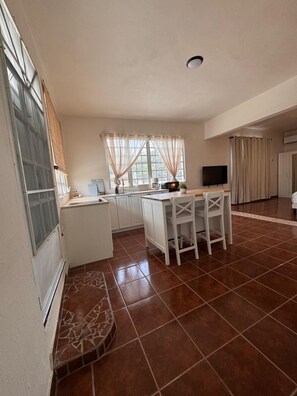 A spacious living area with a kitchen, a dining table with chairs, and a television.