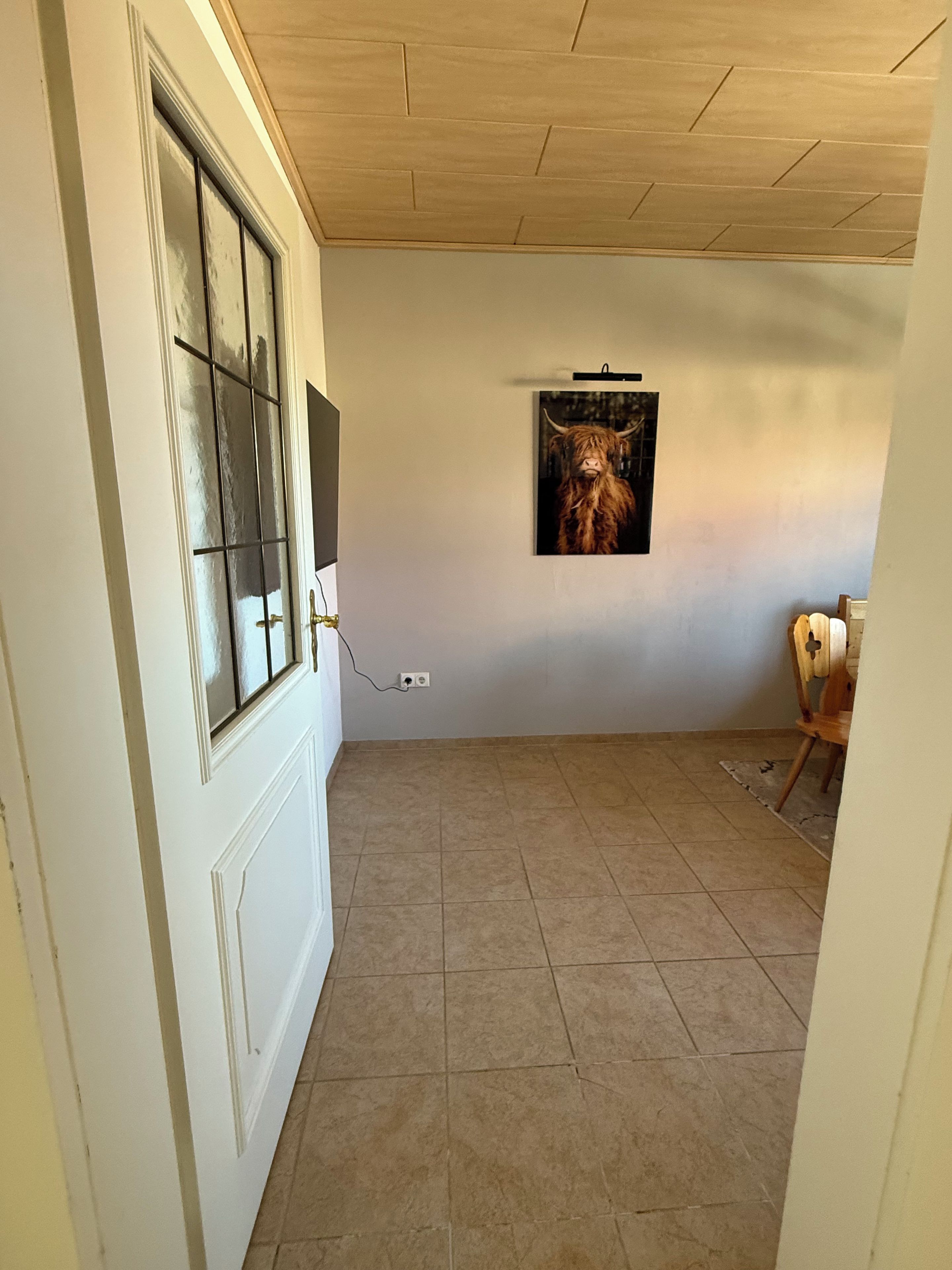 A room with a tiled floor, a door with a window, and a wall-mounted picture.