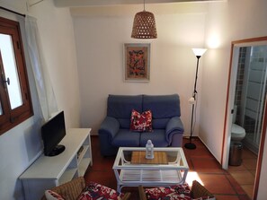 A living room with a blue sofa, a white coffee table, a television on a stand, a painting on the wall, and a floor lamp. - 'La Casita' Country House with Mountain Views. (Vejer de la Frontera)