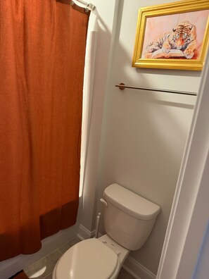 Een haardroger, handdoeken, zeep, toiletpapier