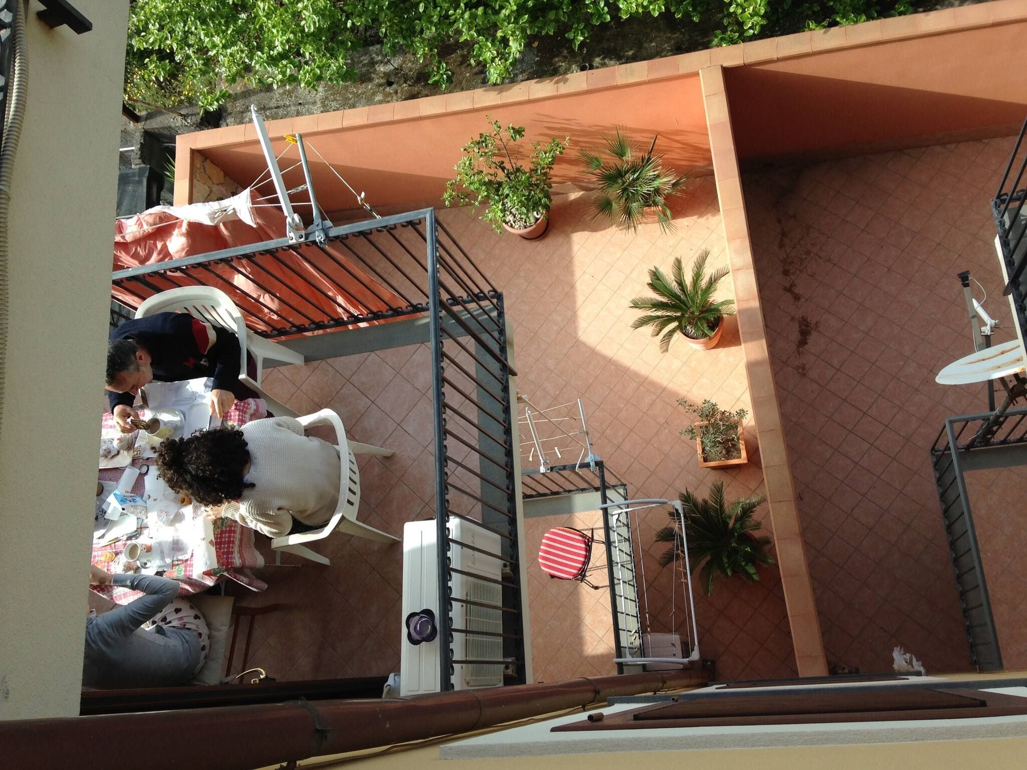 Une terrasse sur le toit comprenant un espace repas, des plantes en pot et une antenne parabolique.