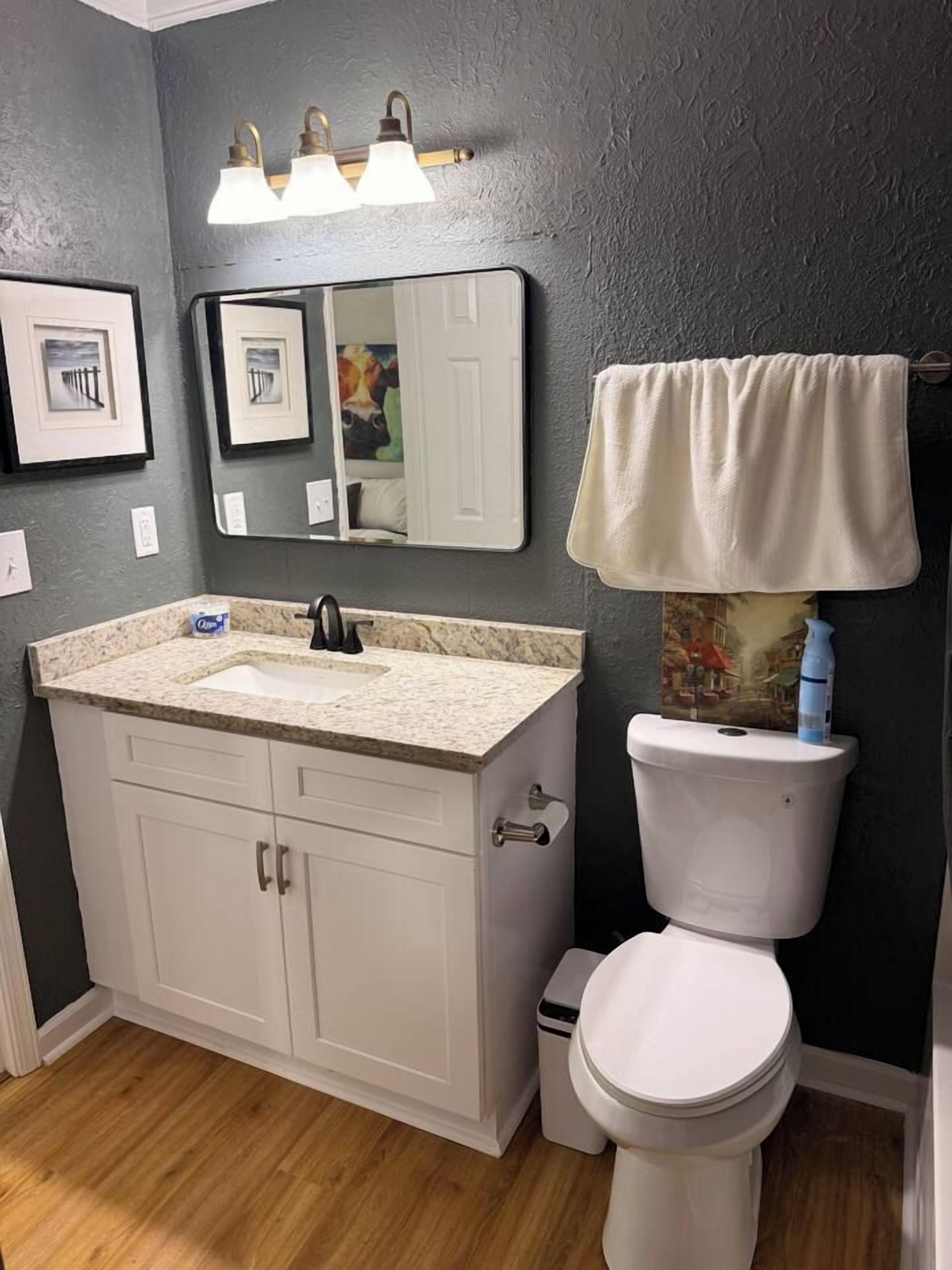 A bathroom with a white sink, a toilet, and a mirror above the sink.