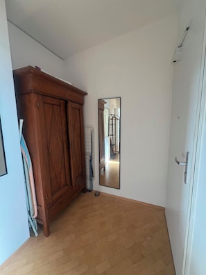 A room with a wooden wardrobe, a large mirror, and a white door.