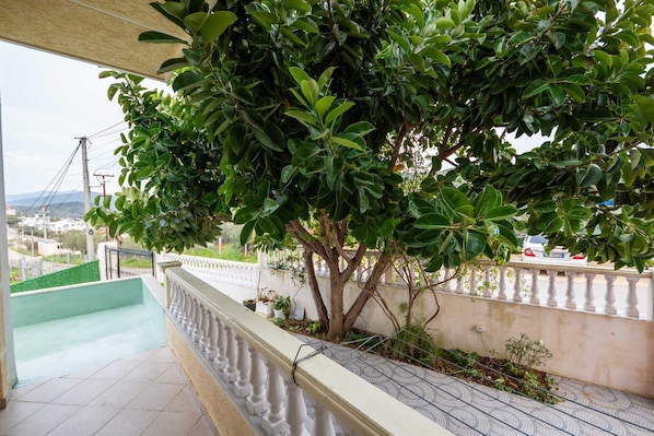 A balcony with a view of a residential area, a tree, and a railing.