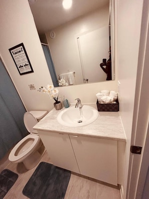 A bathroom with a white sink, a toilet, a mirror, and a blue wall. - Modern 2br,2ba Near Brock & Niagara (St. Catharines)