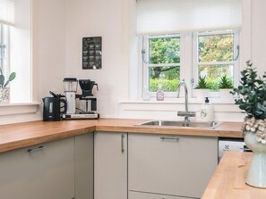 Una cocina con cafetera, un lavabo y una ventana con vista a la vegetación.