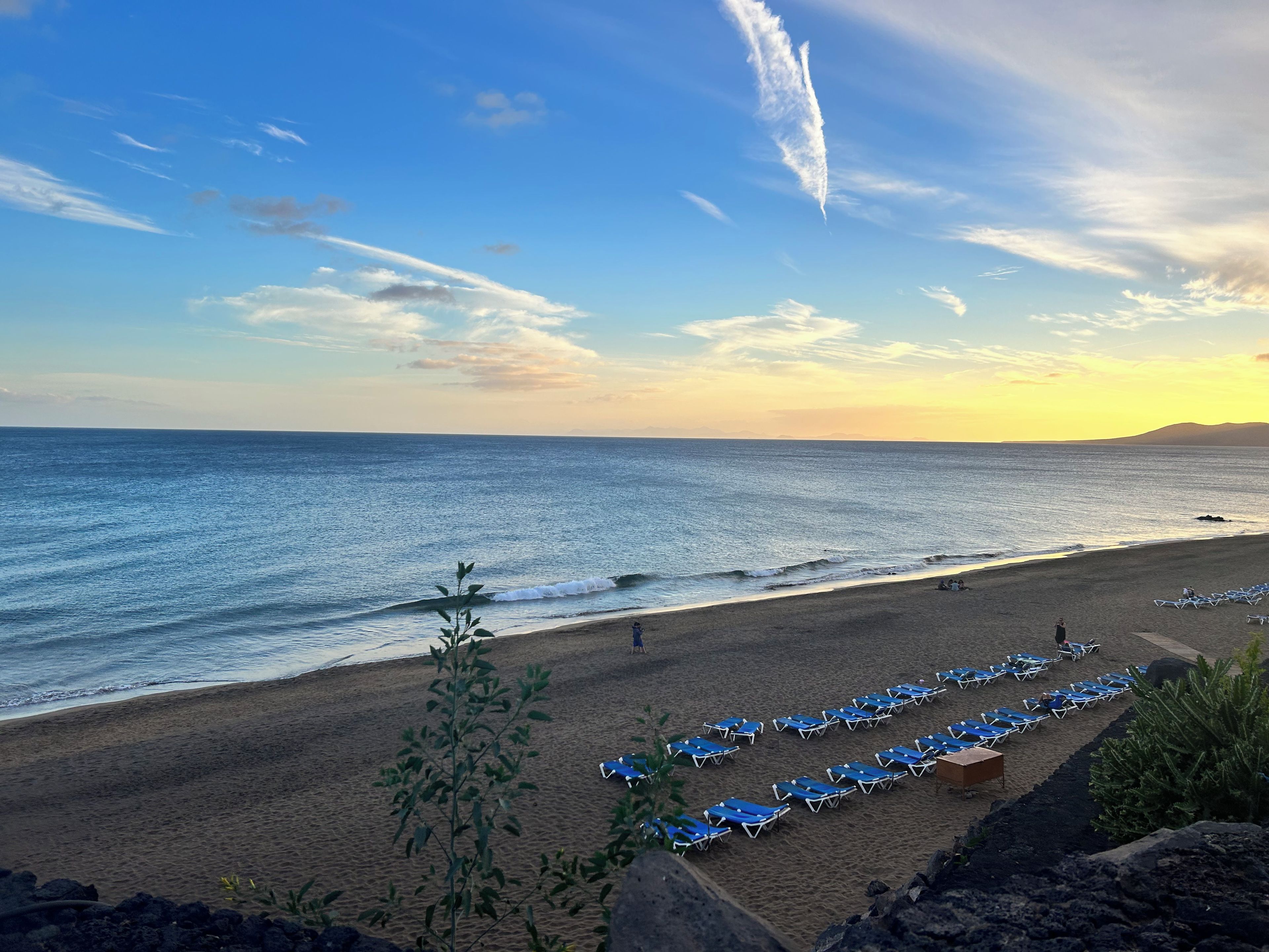 Une plage bordée de rangées de chaises longues bleues, offrant une vue dégagée sur l’océan.