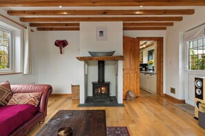 Ein gemütliches Wohnzimmer mit Kamin, Holzbalken, einer Couch und einer Küche im Hintergrund.