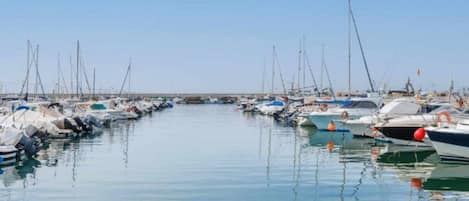 Un puerto deportivo con varias embarcaciones amarradas en aguas tranquilas.