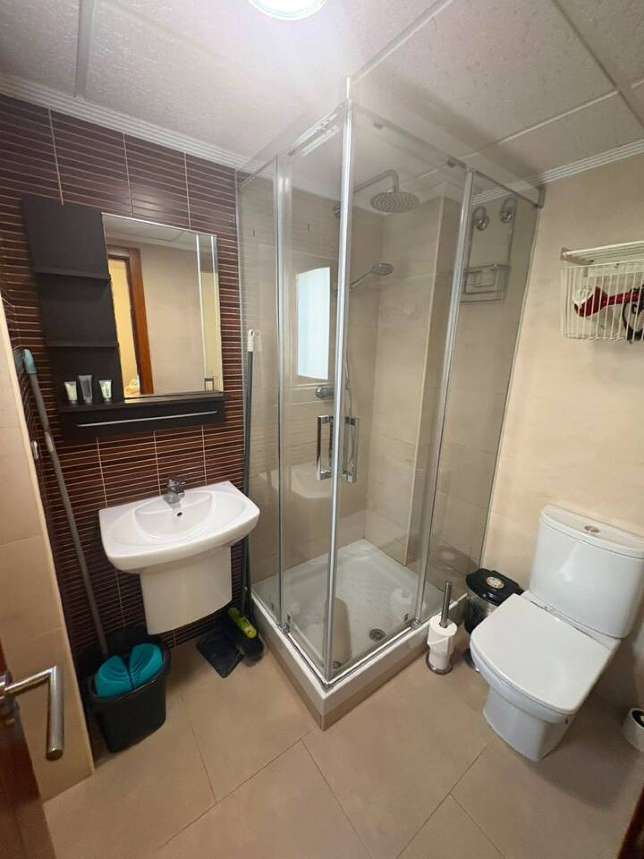A modern bathroom with a glass-enclosed shower, a white sink, and a toilet.