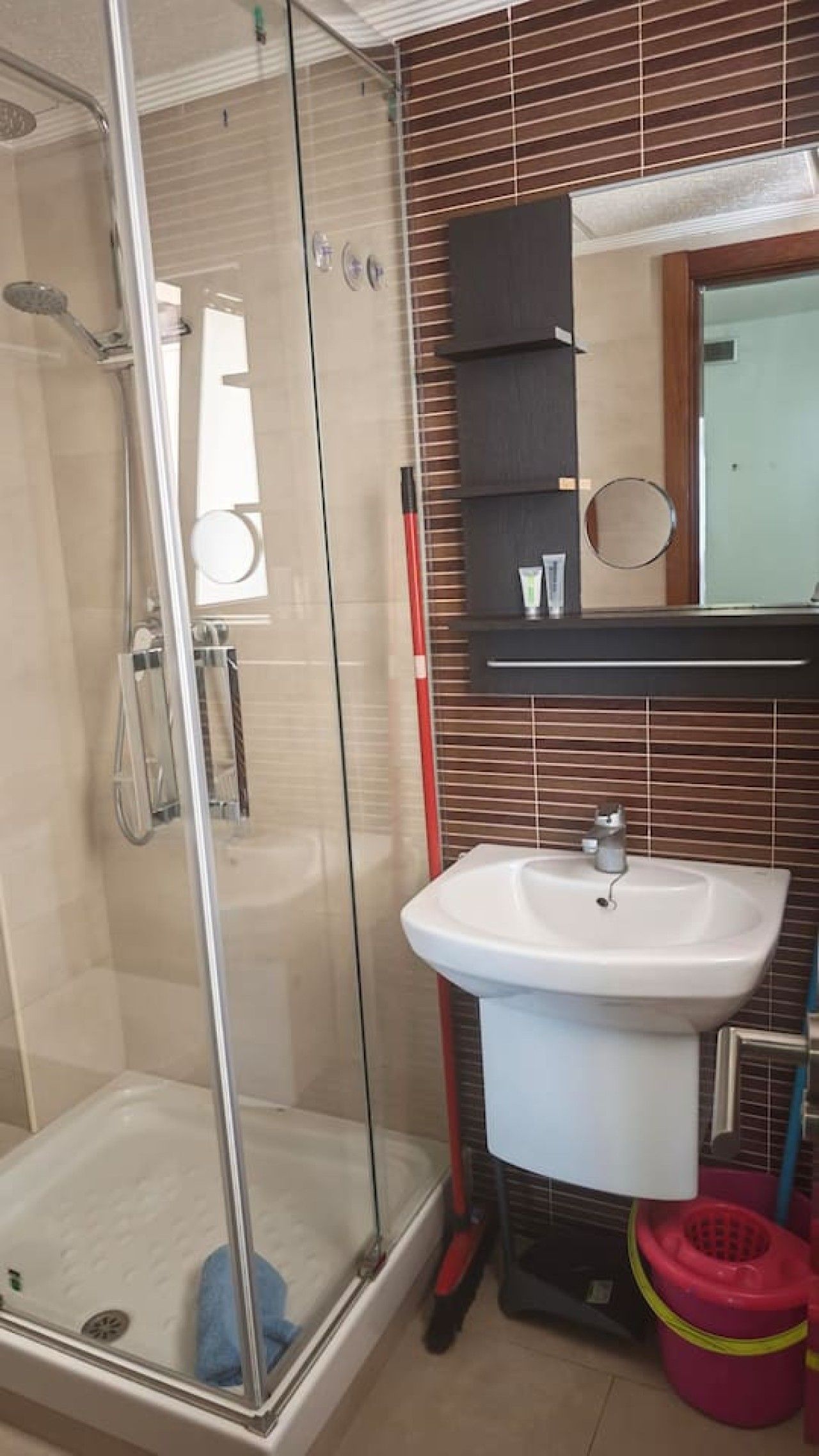 Un baño con ducha envuelta en vidrio, un lavamanos blanco y un espejo encima.