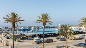 Un puerto deportivo con barcos, palmeras y cielo despejado.