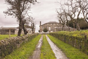 A stone building with a traditional design, a narrow dirt path leading to it, and a stone wall on one side. - Pazo Recimil (Lugo)