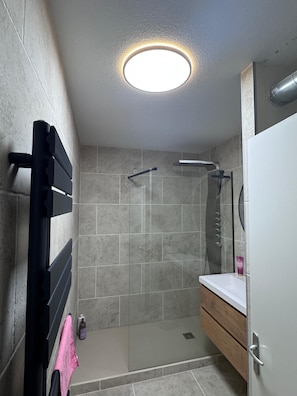 A modern bathroom with a glass shower enclosure, a towel rack, and a vanity with a mirror. - Biarritz, near the train station—balcony & private parking (Biarritz)
