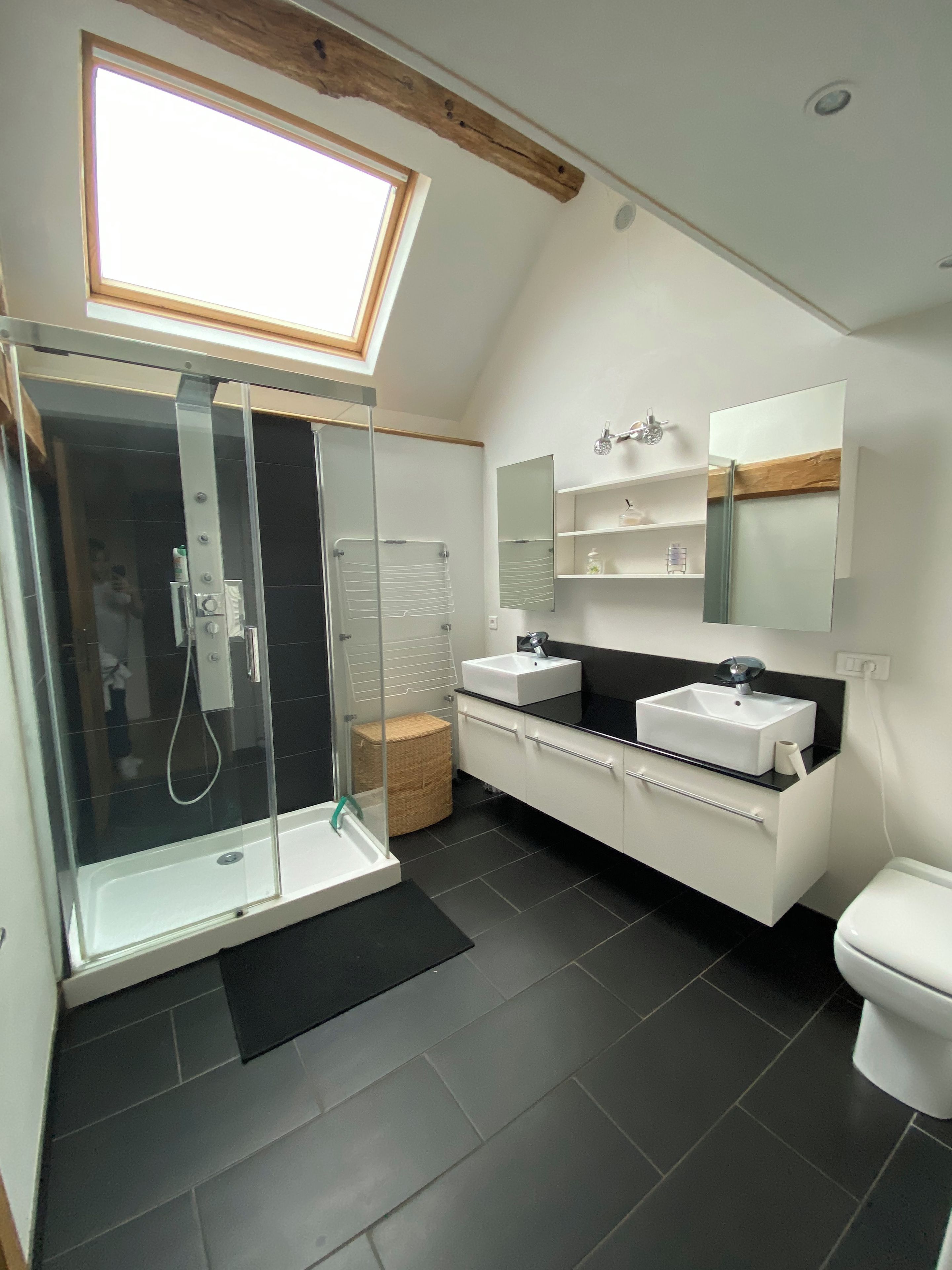 Un baño moderno con ducha de vidrio, lavamanos blanco y un inodoro.
