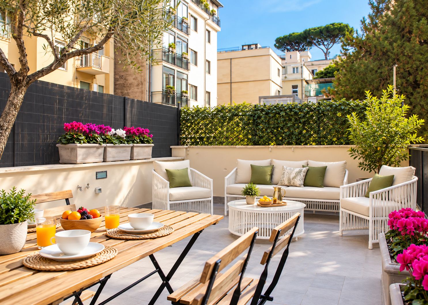 Une terrasse extérieure avec une table à manger, des chaises et un ensemble de canapés.