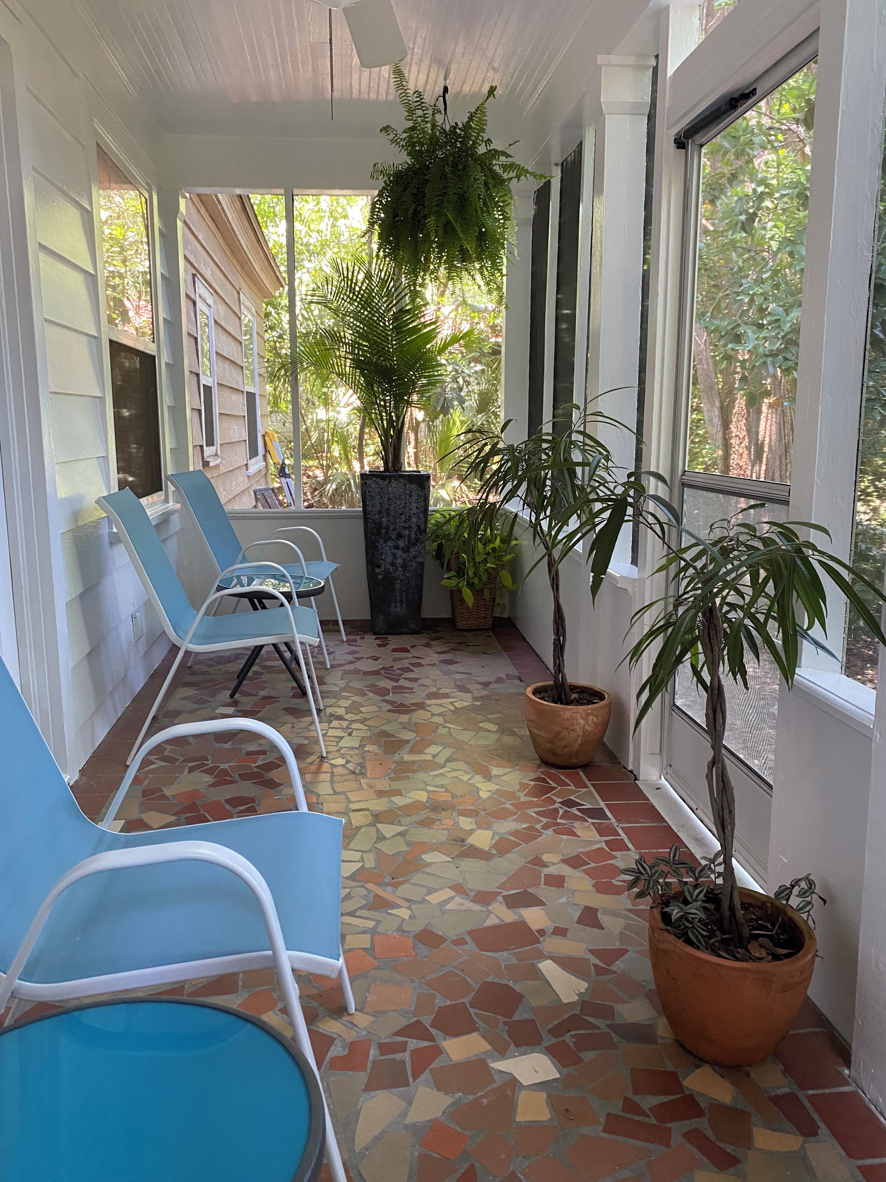A covered patio area with blue chairs, potted plants, and a mosaic floor.