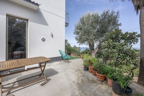 A patio with a wooden table and a chair, surrounded by potted plants and a view of the sea.