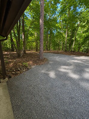 A gravel driveway leading into a wooded area with trees and a building structure on the left. - The Hunters Ridge Retreat (Chapel Hill)