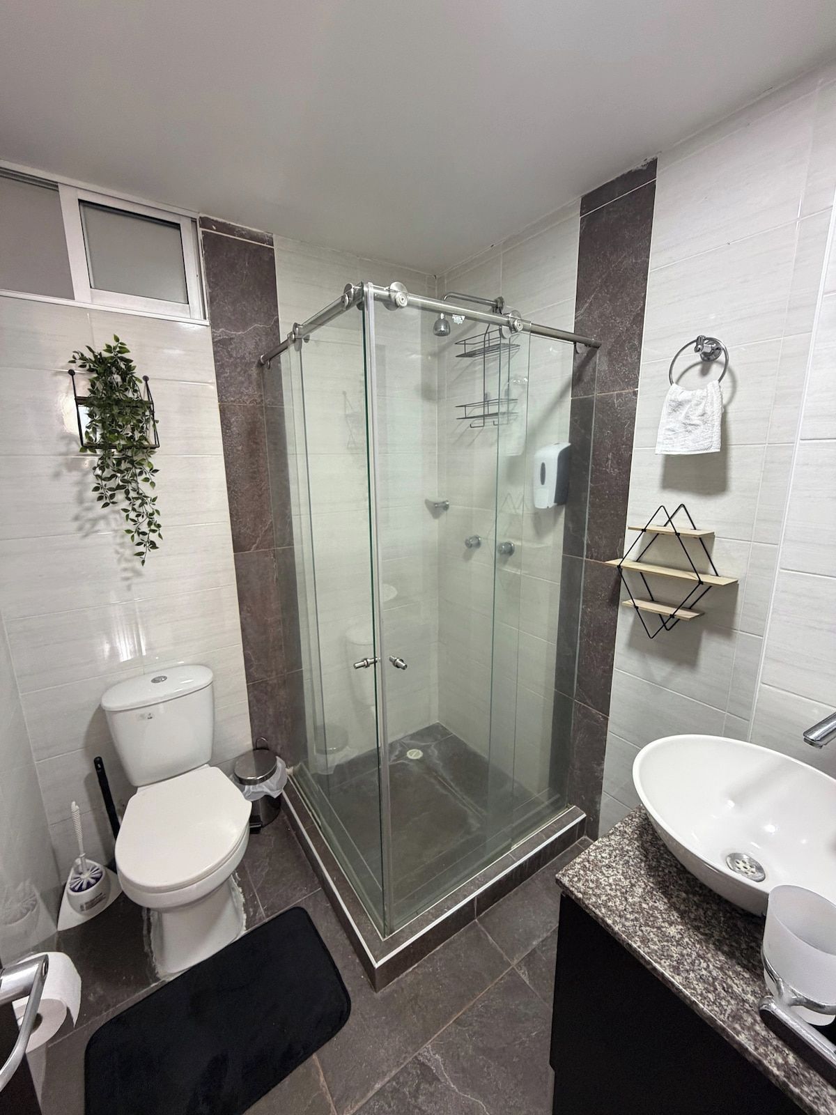 Un baño moderno con ducha envuelta en vidrio, inodoro, lavabo y toallero.