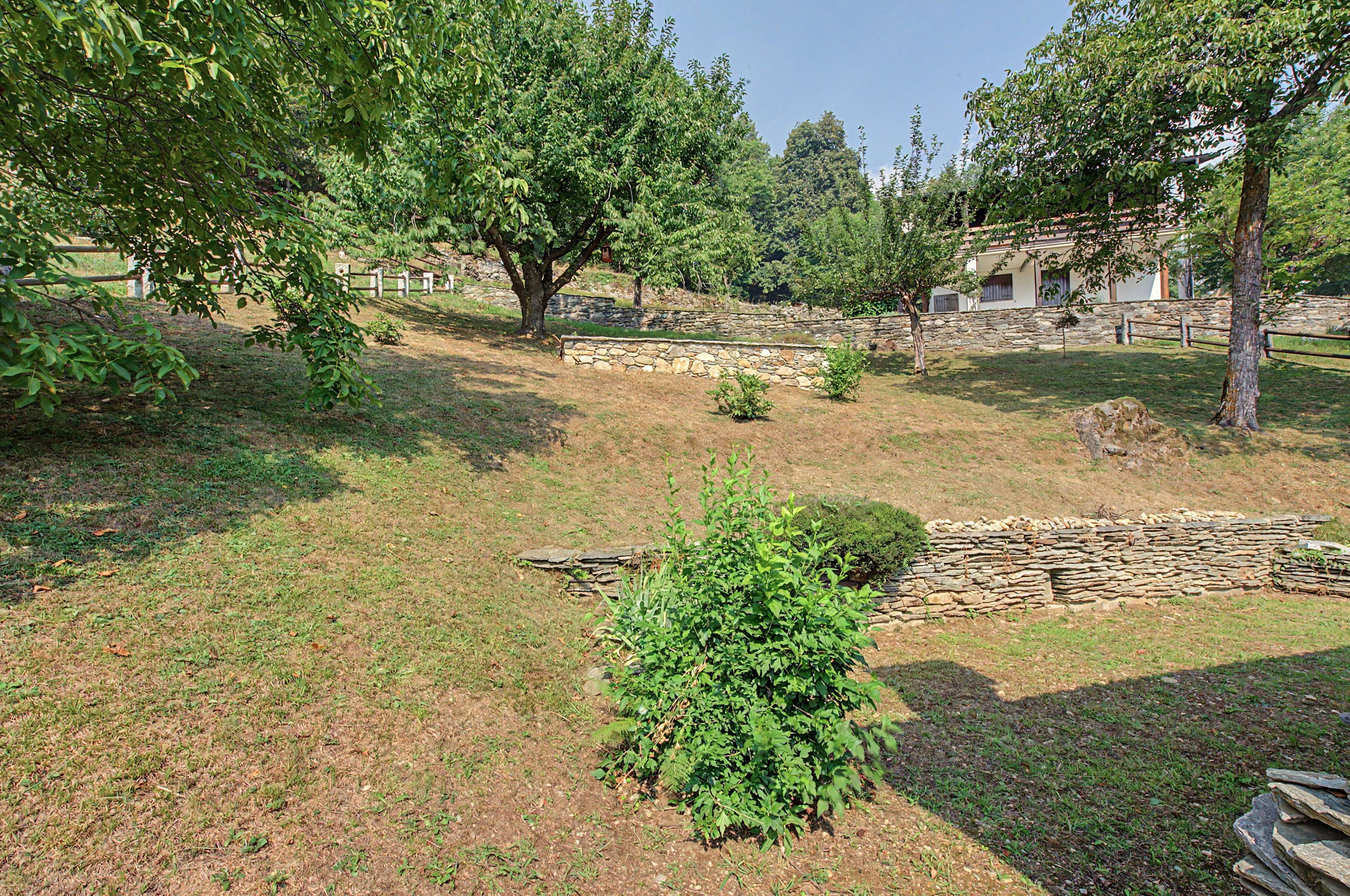 Ein Garten mit einer Steinmauer, Bäumen und einer Rasenfläche.