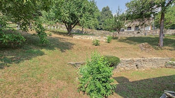 Un giardino con un muro in pietra, alberi e una zona erbosa.