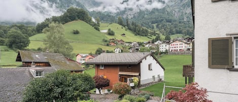 A rural village with houses, a garden, and a mountain backdrop.