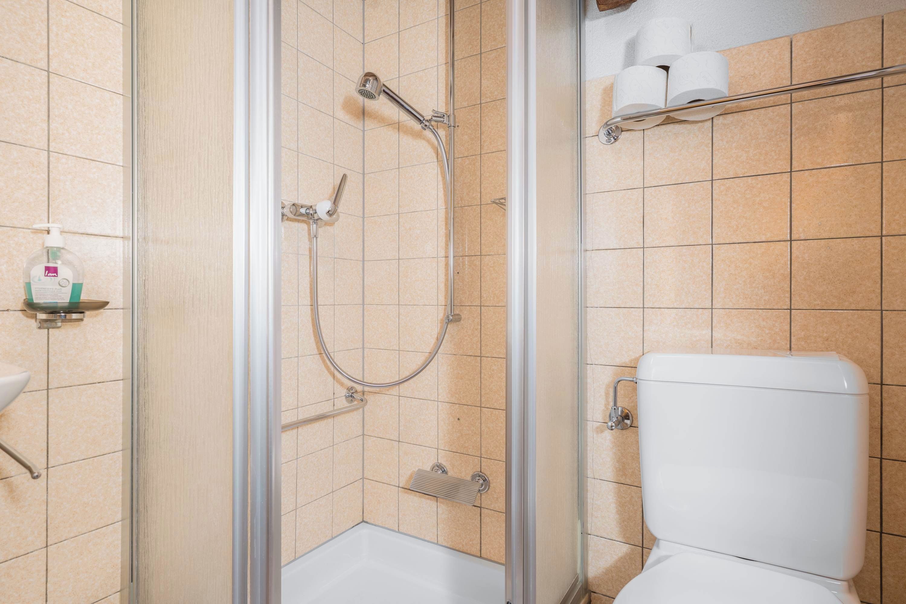 Une salle de bain avec une douche à parois de verre, des toilettes et une étagère contenant des articles de toilette.